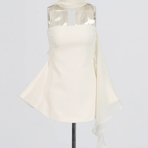 Elegant with Ribbon Mini Dress for Women Halter Collar Sleeveless High Waist Minimalist Solid Dresses Female Fashi